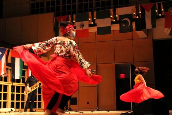 Dance performers flair dresses at coffeehouse