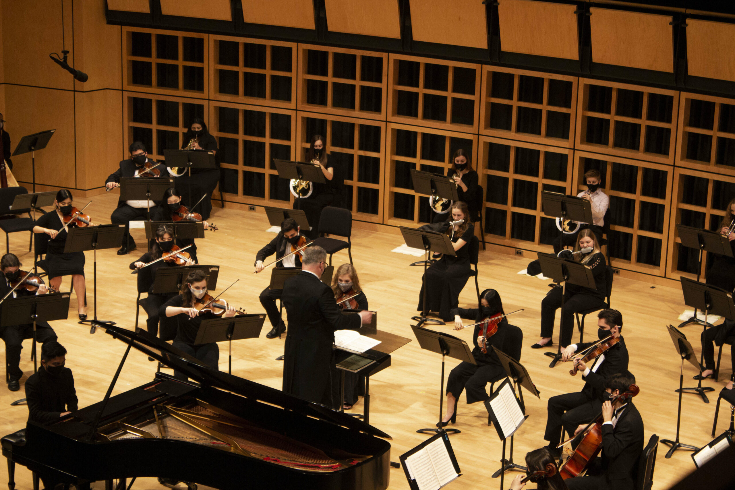 Aerial image of a Goshen College Symphony Orchestra performance