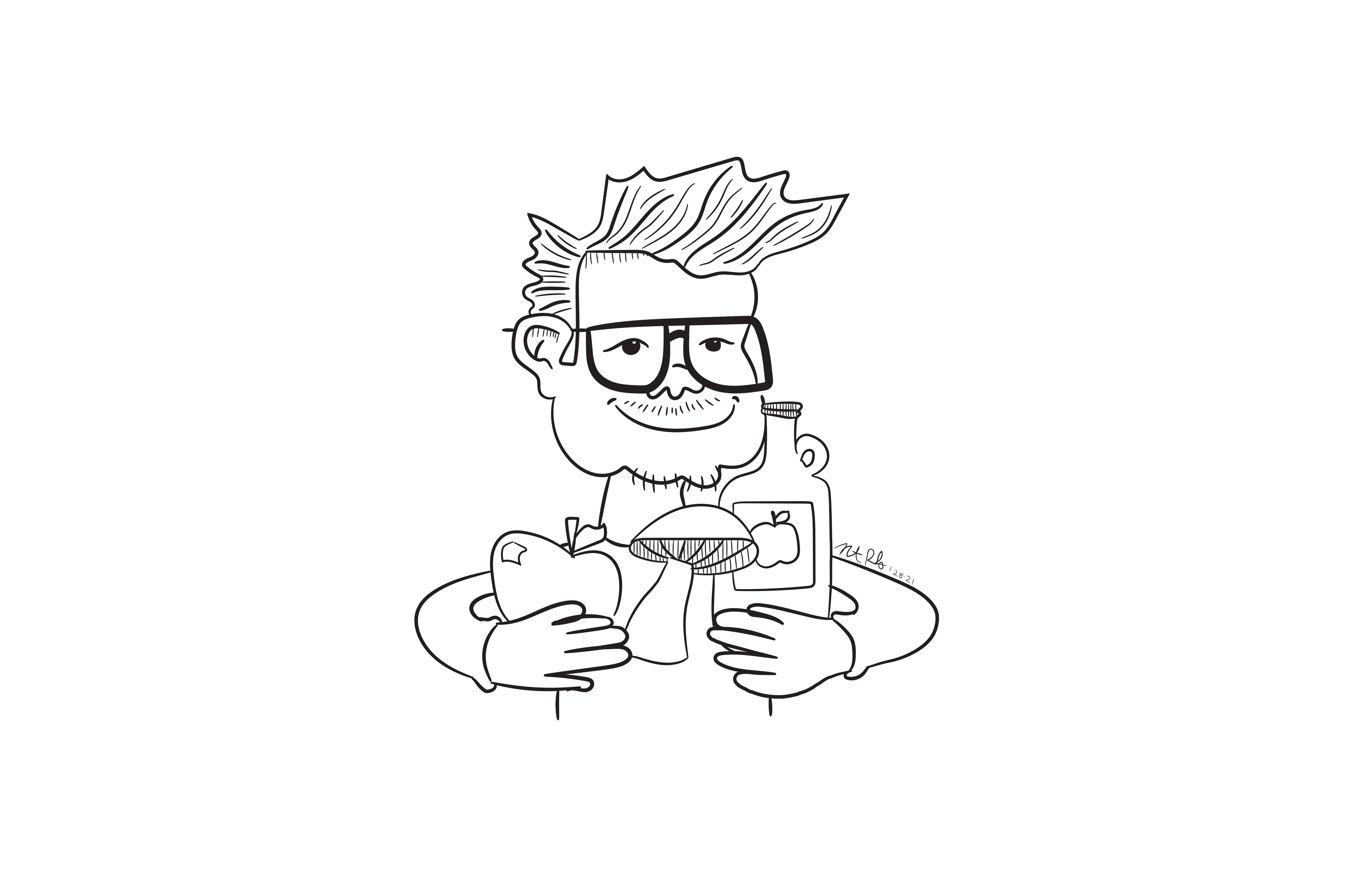 Black and white cartoon drawing of Harrison Gingerich. He is wearing large glasses and is holding an apple, a mushroom, and a jug of apple juice