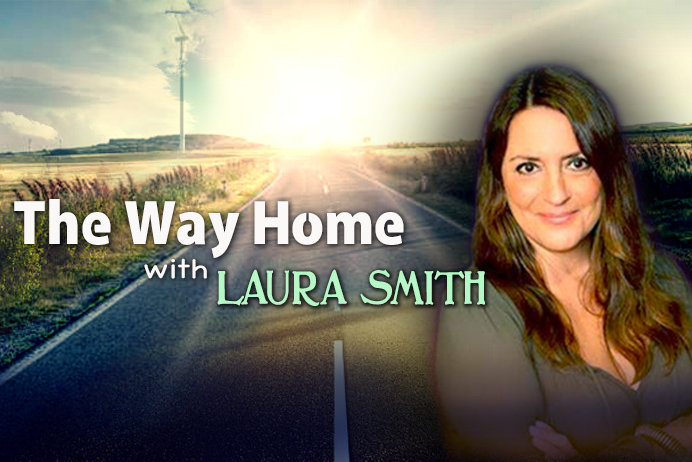 Laura Smith smiles at the camera, photoshopped against a scene of a sun setting over a road disappearing in the distance are the words "The Way Home with Laura Smith."